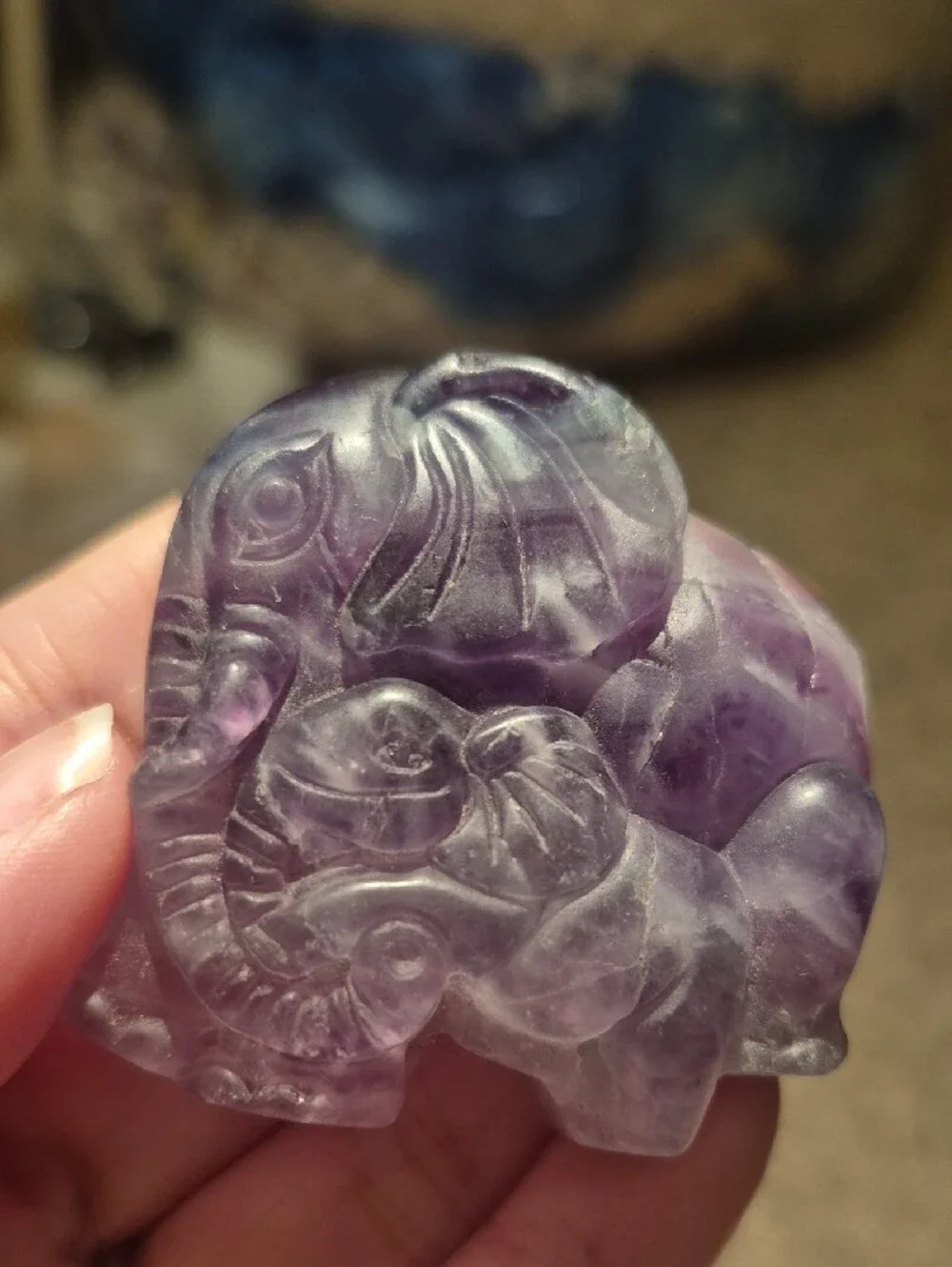 Handcarved Rainbow Flourite Mama And Baby Elephant